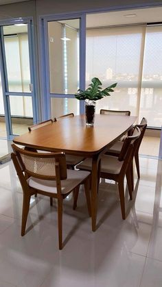 a dining room table with chairs and a potted plant