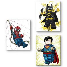 three different pictures of legos in the shape of batman and spider - man characters