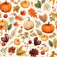 an autumn pattern with pumpkins, leaves and acorns