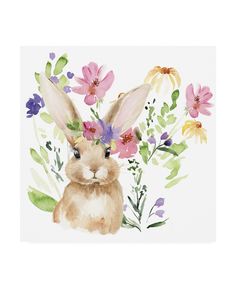 a watercolor painting of a bunny surrounded by flowers