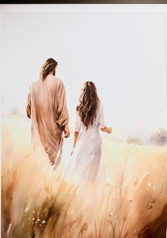 a painting of a man and woman walking through a field with tall grass in the foreground