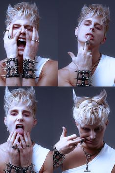 four pictures of a man with chains around his neck and hands in front of him