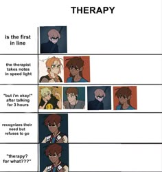 an anime storyboard with the words therapy and pictures of people in different stages of their life