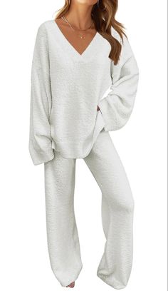 Women's 2 Piece Outfits Fuzzy Fleece Pajama Set Long Sleeve Top Wide Leg Pants Loungewear Amazon Sets, Lounge Clothes, Pyjamas Womens, Lounge Outfit, Fleece Pajamas, Pajama Party, Loungewear Set, Loose Sweater