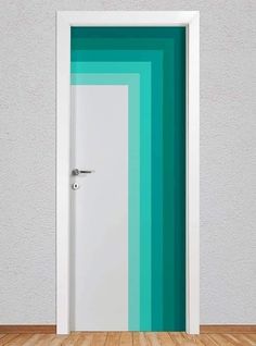 an open door in front of a white wall with green and blue strips on it