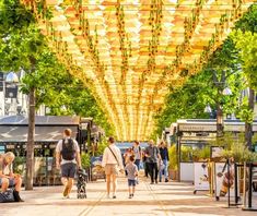 many people are walking down the street with umbrellas hanging from the ceiling above them