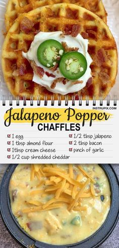 the waffles are topped with cheese and jalapeno poppers on top