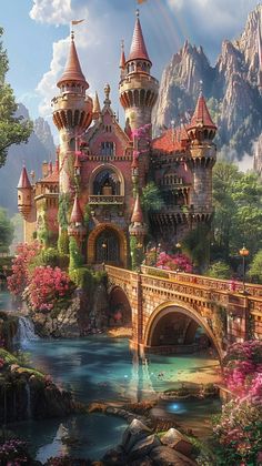 an artistic painting of a castle in the middle of a forest with waterfall and bridge