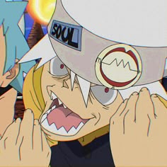 two anime characters with hats on their heads and one is holding his head in the air