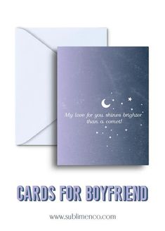 a card with the words cards for boyfriend written on it and stars in the sky