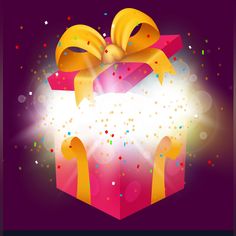 an open gift box with confetti and streamers around it on a purple background