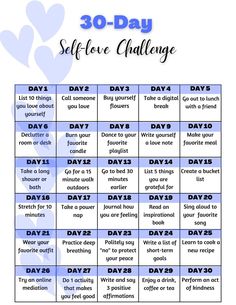 "This 30 day self love challenge will guide you on a journey of self-care, inner peace and joy. Looking for a self-love planner with a checklist, affirmations, journal and more, visit: https://www.etsy.com/listing/1304322545/self-love-self-care-planner-wellness       HOW TO USE  1-Print out a copy of the planner. 2-Cross off the box you go through each of the 30 activities.       HOW TO DOWNLLOAD 1-You will get an email with the link to download from Etsy (or you cand find the download link in your Etsy orders section on desktop). 2-Open the PDF in Acrobat Reader (Download for free: www.get.adobe.com/reader). 3-Print on your home printer or at a copy shop (regular paper is fine but you can print on thicker paper if you prefer.        WHAT'S INCLUDED  One (1) Self Love Challenge PDF - Size 30 Day Self Love Challenge, Self Love Challenge, Affirmations Journal, Peace And Joy, Love Challenge, Love Tips, 30 Day Challenge, Mental And Emotional Health