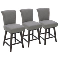 three grey upholstered stools against a white background