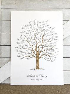 a personalized family tree is shown on a white card with the names and date