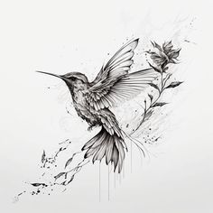 a black and white drawing of a hummingbird on a branch with flowers in its beak