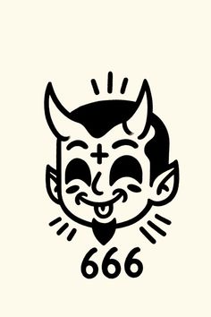 a black and white drawing of a devil face with horns on it's head