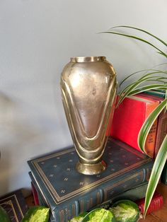 a gold vase sitting on top of two books next to a plant and some other items