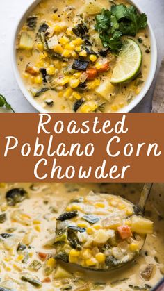 roasted poblano corn chowder in a white bowl with a spoon full of soup