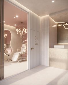 an open door leading to a manicure room with lights on the ceiling and chairs