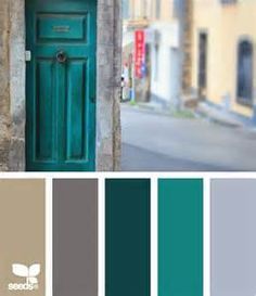 the color scheme is teal, grey, and green with an open door in it