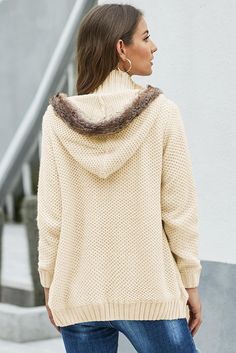 Beige Fur Hood Knit Sweater Hooded Knit Cardigan, Knit Sweater Coat, Cable Knit Sweater Cardigan, Swimwear High Waisted, Beige Style, Knitted Hood, Knit Cardigan Sweater, Trendy Fashion Outfits, Cable Knit Cardigan