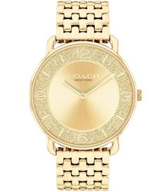 From COACH&#x2C; this women's watch features: Gold-tone stainless steel bracelet and case Gold dial detailed with a mix of numerical and stick makers on a glittery diamond-dusted trackMineral crystalDeployment closureQuartz analog movementCase diameter approx. 36mmWater-resistance: 3BImported. Women's Gold Watches, Accessories Watches Women, Gold Watches Women, Women's Watch, Minerals Crystals, Gold Design, Steel Bracelet, Stainless Steel Bracelet, Gold Watch