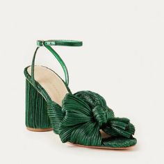 Pleated Heeled Sandal In Emerald Green Fabric Topped With Our Signature Knotted Bow. Features A Padded Footbed With Gold Stamped Logo. Open Toe With Adjustable Buckle Ankle Strap. 3.5 Inch Heel. Upper: 49% Nylon, 51% Metallic Fabric Outsole: 100% Cow Leather Brand New, In Original Box With Packaging, Never Worn! Formal Heels, Open Toe High Heels, Loeffler Randall, Vanuatu, Wedding Party Dresses, Heel Sandals, Womens High Heels, Trinidad, High Heel Sandals