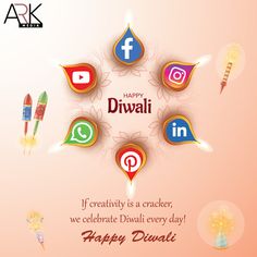 happy diwali greeting card with colorful social icons and caption on pink background