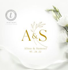 the wedding logo is displayed on a white background with some flowers in front of it