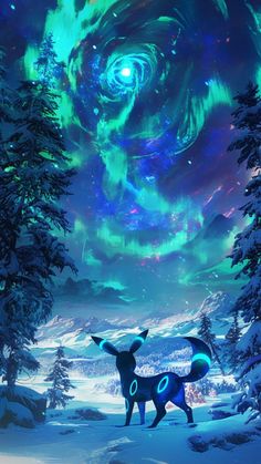 an animal standing in the middle of a snow covered forest under a sky filled with stars