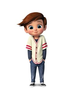 an animated character with brown hair and blue eyes, wearing a baseball jersey while standing in front of a white background