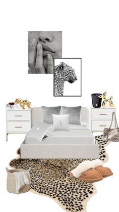 a bedroom with white furniture and leopard print rug