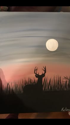 a painting of a deer with the moon in the background