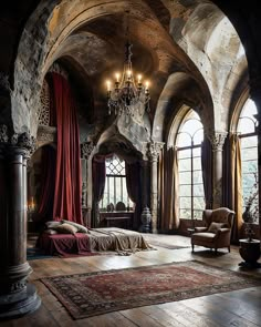 an ornate bedroom with stone walls and flooring, chandelier hanging from the ceiling