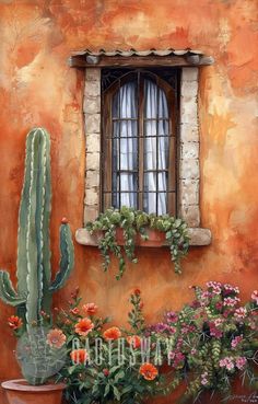 a painting of a window and potted plants in front of an orange stucco wall