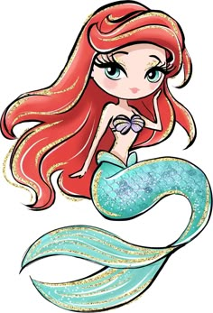 a little mermaid with long red hair and blue eyes