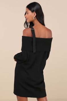 Wintry vibes meet your stylish standards in the Lulus Elevated Comfort Black One-Shoulder Sweater Mini Dress! Soft sweater knit shapes a single strap with an adjustable, gunmetal buckle detail that supports a fold-over bodice with off-the-shoulder long sleeves and fitted cuffs. The shift-style silhouette keeps things comfy as it falls to a cute mini hem. Ribbed knit accents the neckline neckline, cuffs, and hem. Fit: This garment fits true to size. Length: Mid-thigh. Size medium measures 30.5" f Off The Shoulder Mini Dress, Sweater Mini Dress, Mini Sweater Dress, Soft Sweater, Softest Sweater, Sweater Knit, Shoulder Sweater, Black Knit, Sleeve Sweater