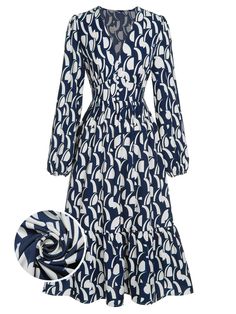 Navy Blue 1930s Geometric Printed V-Neck Dress Vintage Blue V-neck Midi Dress, Fall Dinner Dress, 1930's Dresses, 1930s Dress, 1960's Dress, 1920s Dress, 1940s Dresses, Vestidos Vintage, Plus Size Swimsuits