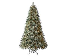 a christmas tree with white lights on it's branches and a black stand in front of a white background