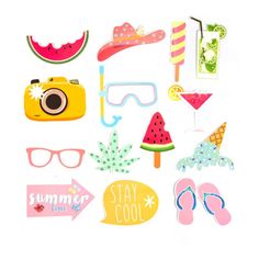 various stickers that include watermelon, sunglasses, and flip flops on a white background