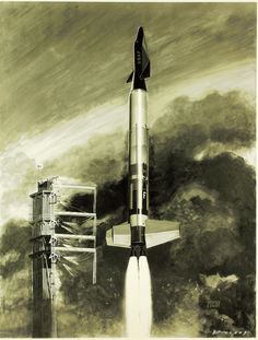 a drawing of a rocket launching into the sky