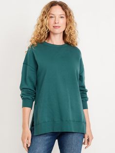 crew neck drop-shoulder sleeves vented sides stepped hem rib-knit trim pullover style relaxed fit hits at hip models are approx.  5'9" and wear sizes s (4), l (12), and xl (18)machine wash according to the care instruction label Fitted Tunic, Tunic Sweatshirt, Pine Green, Long Tunic, Navy Green, Navy Sweaters, Beige Sweater, Old Navy Women, Tunic Length