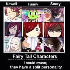 some anime characters with different expressions on their faces and the words fairy tail characters i could swear, they have a split personality