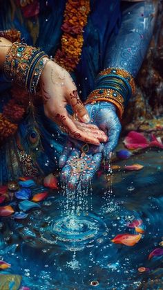 a woman is washing her hands in the water while wearing jewelry and bracelets on her head