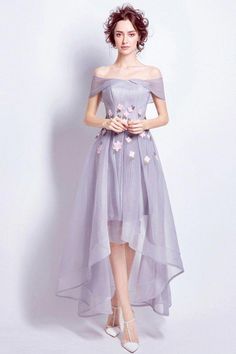 Shop affordable lavender high low off-the-shoulder tulle wedding dress with flowers online. Custom-made any size or color. Pro since 2009. #lavenderweddingdresses Lavender Wedding Dress, High Low Party Dresses, 2nd Wedding Dresses, Tea Length Tulle, Wedding Dresses High Low, High Low Prom Dresses, Dress Off Shoulder, Wedding Dresses With Flowers, Lavender Dresses