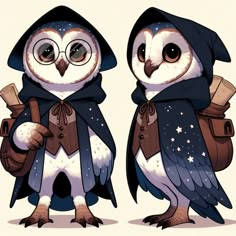 two owls dressed in clothes with hoods and glasses, standing next to each other