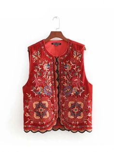 Designed with superior styling and craftsmanship, the "Aurelia" embroidered waistcoat offers a unique blend of high street fashion and casual chic. Featuring a premium polyester woven fabric blend, intricate perforated styling and crafted for long-lasting comfort and support. Exude a new level of confidence.  Standard US/EU Sizing.   Designed for style and comfort O-neck collar Open Stitch closure Sleeveless Material: polyester, velvet Vest Style Women, Women Vest, Velvet Vest, Vintage Autumn, Estilo Hippie, Red Vest, High Street Fashion, E Mc2, Sleeveless Cardigan