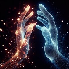 two hands touching each other with glowing lights in the background and dots all around them