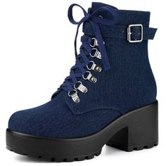 These ankle platform boots in a lace-up style are very comfortable with the Lightweight outsole and the PU foam bottom. These combat boots are convenient for you to walk every day. They are paired well with jeans and skirts. Perfectly for Christmas, Halloween, and parties. Please check the size measurement chart before ordering. Blue Platform Boots, Wolverine Halloween Costume, Dark Blue Shoes, Dark Blue Heels, Ankle Platform Boots, Whimsical Shoes, Boots For Women Ankle, Ankle Combat Boots, Navy Boots