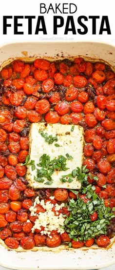 baked feta in a casserole dish with tomatoes and parsley